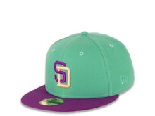 Load image into Gallery viewer, San Diego Padres New Era MLB 59FIFTY 5950 Fitted Cap Hat Clear Mint Crown Purple Visor Magenta/Orange Logo Rose Back 40th Anniversary Side Patch Orange UV
