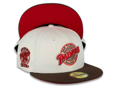San Diego Padres New Era MLB 59FIFTY 5950 Fitted Cap Hat Chrome White Crown Brown Visor Red/Brown Logo 25th Anniversary Side Patch Red UV