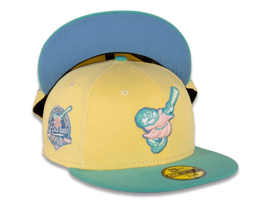 San Diego Padres New Era MLB 59FIFTY 5950 Fitted Cap Hat Soft Yellow Crown Clear Mint Visor Pink “Friar” Logo 40th Anniversary Side Patch Sky Blue UV