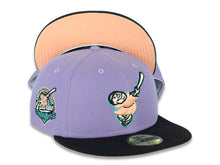 Load image into Gallery viewer, San Diego Padres New Era MLB 59FIFTY 5950 Fitted Cap Hat Light Purple Crown Black Visor Peach/Coronation Gold “Swinging Friar” Logo 40th Anniversary Side Patch Peach UV
