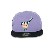 Load image into Gallery viewer, San Diego Padres New Era MLB 59FIFTY 5950 Fitted Cap Hat Light Purple Crown Black Visor Peach/Coronation Gold “Swinging Friar” Logo 40th Anniversary Side Patch Peach UV
