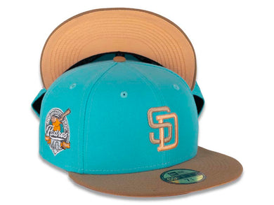San Diego Padres New Era MLB 59FIFTY 5950 Fitted Cap Hat Marine Blue Crown Wheat Visor Wheat/Orange Logo 40th Anniversary Side Patch Orange UV