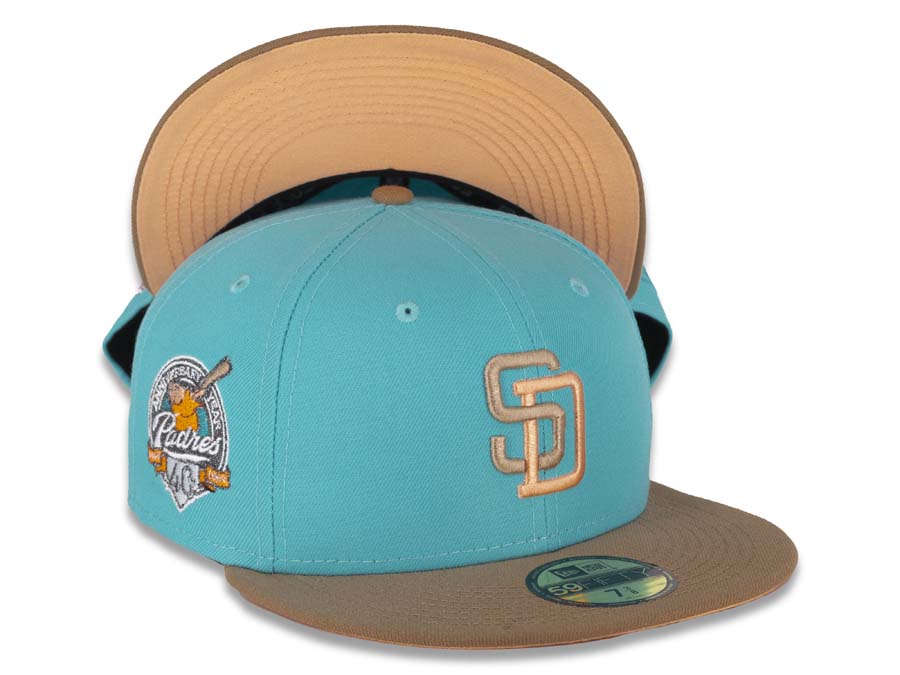 San Diego Padres New Era MLB 59FIFTY 5950 Fitted Cap Hat Marine Blue Crown Wheat Visor Wheat/Orange Logo 40th Anniversary Side Patch Orange UV