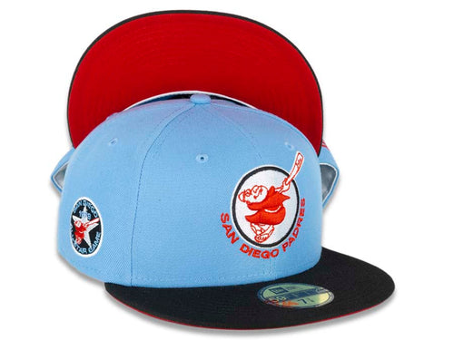 San Diego Padres New Era MLB 59FIFTY 5950 Fitted Cap Hat Sky Blue Crown Black Visor Red/White “Friar” Logo 1978 All-Star Game Side Patch Red UV