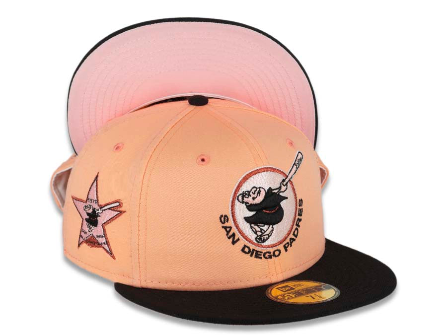San Diego Padres New Era MLB 59FIFTY 5950 Fitted Cap Hat Peach Crown Black Visor Black/Peach Friar Logo 1978 All-Star Game Side Patch Pink UV