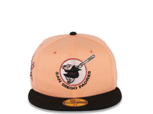 Load image into Gallery viewer, San Diego Padres New Era MLB 59FIFTY 5950 Fitted Cap Hat Peach Crown Black Visor Black/Peach Friar Logo 1978 All-Star Game Side Patch Pink UV
