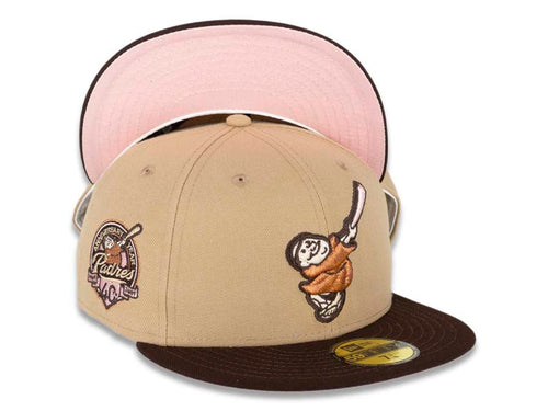 San Diego Padres New Era MLB 59FIFTY 5950 Fitted Cap Hat Light Tan Crown Dark Brown Visor Light Brown/Pink Swinging Friar Logo Pink UV