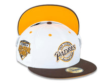 Load image into Gallery viewer, San Diego Padres New Era MLB 59FIFTY 5950 Fitted Cap Hat White Crown Brown Visor Brown/White/Yellow &quot;Baseball Club&quot; Logo 1992 All-Star Game Side Patch Yellow UV
