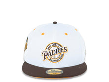 Load image into Gallery viewer, San Diego Padres New Era MLB 59FIFTY 5950 Fitted Cap Hat White Crown Brown Visor Brown/White/Yellow &quot;Baseball Club&quot; Logo 1992 All-Star Game Side Patch Yellow UV
