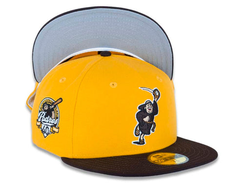 San Diego Padres New Era MLB 59FIFTY 5950 Fitted Cap Hat Yellow Crown Dark Brown Visor Dark Brown Catching Friar Logo Gray UV