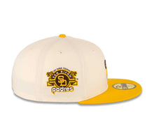 Load image into Gallery viewer, San Diego Padres New Era MLB 59FIFTY 5950 Fitted Cap Hat Chrome White Crown Temple Gold Visor Yellow/Brown &quot;Friar&quot; Logo Stadium Side Patch Green UV
