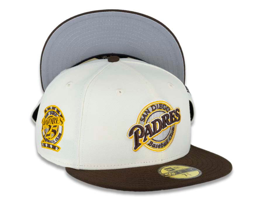 San Diego Padres New Era MLB 59FIFTY 5950 Fitted Cap Hat Chrome White Crown Brown Visor Brown/Yellow/Gray/White Baseball Club Cooperstown Retro Logo Gray UV