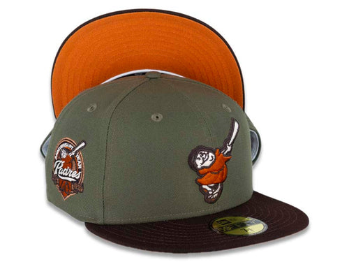 San Diego Padres New Era MLB 59FIFTY 5950 Fitted Cap Hat Olive Crown Dark Brown Visor Orange/Dark Brown Swinging Friar Logo Orange UV