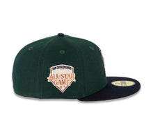 Load image into Gallery viewer, San Diego Padres New Era MLB 59FIFTY 5950 Fitted Cap Hat Dark Green Crown Dark Navy Visor Metallic Copper/Tawny &quot;Friar&quot; Cooperstown Retro Logo 1992 All-Star Game Side Patch Tawny UV
