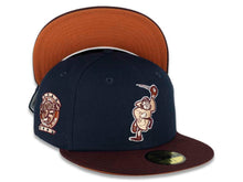 Load image into Gallery viewer, San Diego Padres New Era MLB 59FIFTY 5950 Fitted Cap Hat Ocean Blue Crown Maroon Visor Peach/Fall Orange “Catching Friar” Cooperstown Retro Logo 25th Anniversary Side Patch Fall Orange UV
