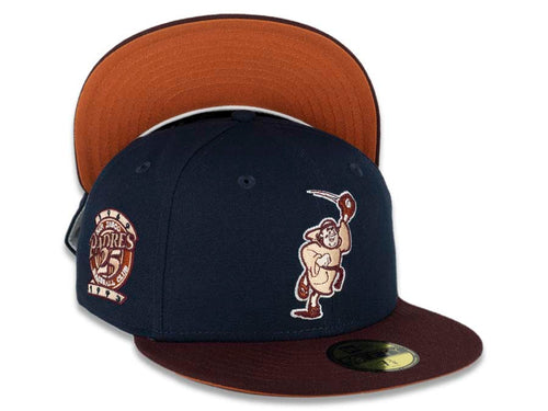 San Diego Padres New Era MLB 59FIFTY 5950 Fitted Cap Hat Ocean Blue Crown Maroon Visor Peach/Fall Orange “Catching Friar” Cooperstown Retro Logo 25th Anniversary Side Patch Fall Orange UV