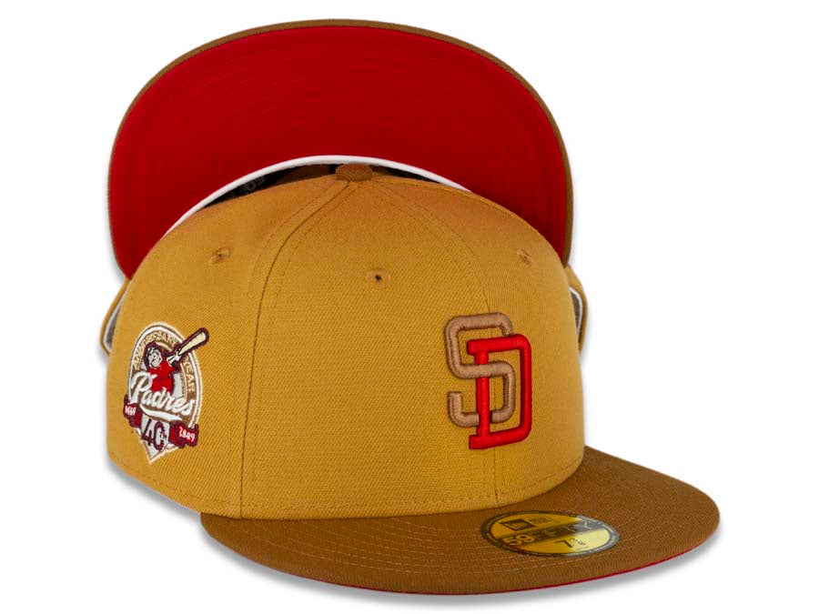 San Diego Padres New Era MLB 59FIFTY 5950 Fitted Cap Hat Panama Tan Crown Toasted Peanut Visor Red/Irish Coffee Logo 40th Anniversary Side Patch Red UV