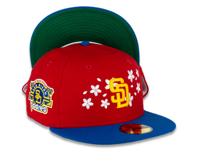 San Diego Padres New Era MLB 59FIFTY 5950 Fitted Cap Hat Red Crown Bright Royal Blue Visor Yellow Logo With Flowers Stadium Side Patch Green UV 