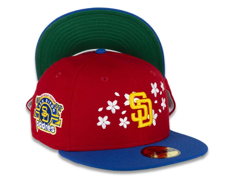 San Diego Padres New Era MLB 59FIFTY 5950 Fitted Cap Hat Red Crown Bright Royal Blue Visor Yellow Logo With Flowers Stadium Side Patch Green UV 