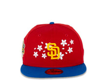 Load image into Gallery viewer, San Diego Padres New Era MLB 59FIFTY 5950 Fitted Cap Hat Red Crown Bright Royal Blue Visor Yellow Logo With Flowers Stadium Side Patch Green UV 
