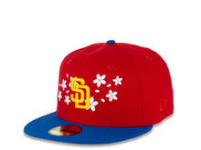 Load image into Gallery viewer, San Diego Padres New Era MLB 59FIFTY 5950 Fitted Cap Hat Red Crown Bright Royal Blue Visor Yellow Logo With Flowers Stadium Side Patch Green UV 
