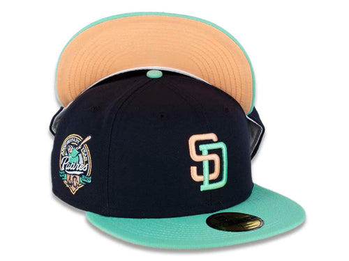 San Diego Padres New Era MLB 59FIFTY 5950 Fitted Cap Hat Dark Navy Crown Clear Mint Green Visor Peach Orange/Sea Glass Blue Logo 40th Anniversary Side Patch Peach UV