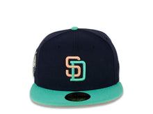 Load image into Gallery viewer, San Diego Padres New Era MLB 59FIFTY 5950 Fitted Cap Hat Dark Navy Crown Clear Mint Green Visor Peach Orange/Sea Glass Blue Logo 40th Anniversary Side Patch Peach UV
