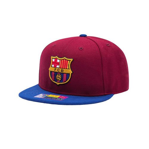 FC Football Club Barcelona (FCB)  Fitted Soccer Cap Hat Burgundy Crown Royal Blue Visor Team Color Logo