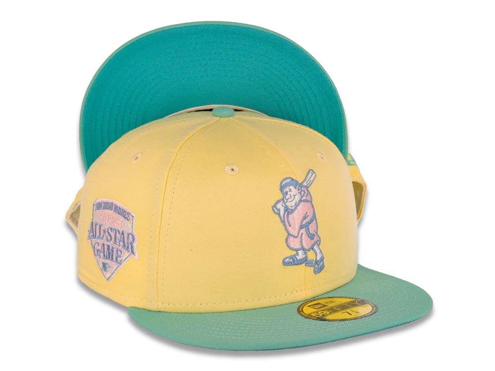 San Diego Padres New Era MLB 59FIFTY 5950 Fitted Cap Hat Light Yellow Crown Light Teal Visor Pink/Sky Batting Friar Logo 1992 All-Star Game Side Patch