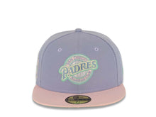 Load image into Gallery viewer, San Diego Padres New Era MLB 59FIFTY 5950 Fitted Cap Hat Lavender Crown Pink Visor Sky Blue/Pink Baseball Club Logo 25th Anniversary Side Patch
