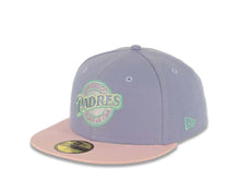 Load image into Gallery viewer, San Diego Padres New Era MLB 59FIFTY 5950 Fitted Cap Hat Lavender Crown Pink Visor Sky Blue/Pink Baseball Club Logo 25th Anniversary Side Patch
