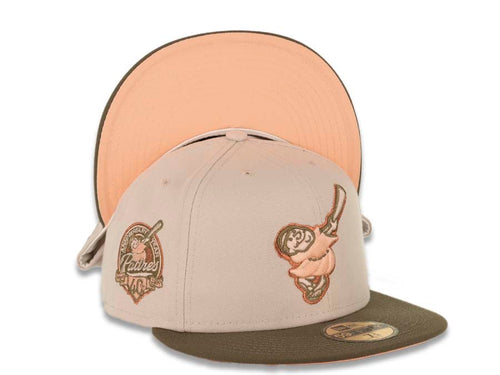 San Diego Padres New Era MLB 59FIFTY 5950 Fitted Cap Hat Stone Crown Olive Visor Peach/Metallic Copper Swinging Friar Logo 40th Anniversary Side Patch Peach UV