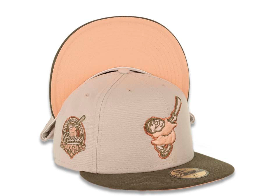 San Diego Padres New Era MLB 59FIFTY 5950 Fitted Cap Hat Stone Crown Olive Visor Peach/Metallic Copper Swinging Friar Logo 40th Anniversary Side Patch Peach UV