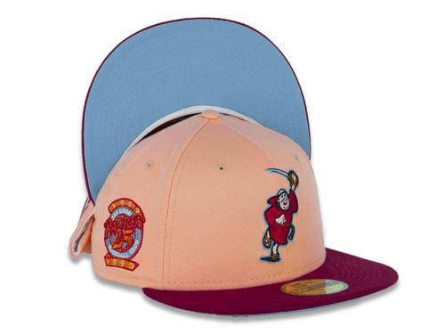 San Diego Padres New Era MLB 59FIFTY 5950 Fitted Cap Hat Peach Crown Carinal Visor Cardinal/Metallic Copper Catching Friar Logo 25th Anniversary Side Patch Sky Blue UV