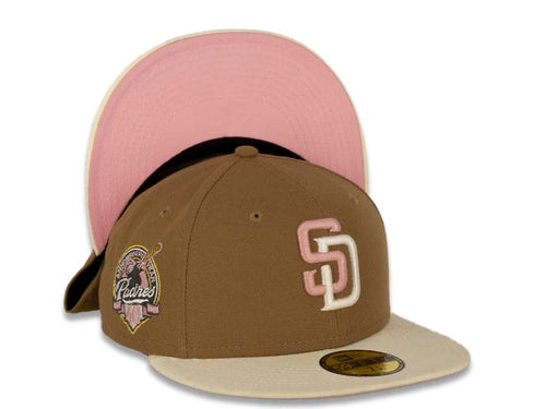 San Diego Padres New Era MLB 59FIFTY 5950 Fitted Cap Hat Khaki Crown Chrom White Visor Pink/Chrom Logo 40th Anniversary Side Patch Pink UV