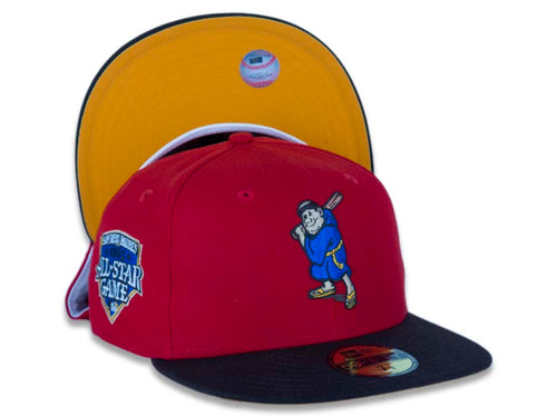 San Diego Padres New Era MLB 59FIFTY 5950 Fitted Cap Hat Red Crown Dark Brown Visor Blue/Brown/Yellow Batting Friar Logo 1992 All-Star Game Side Patch Yellow UV