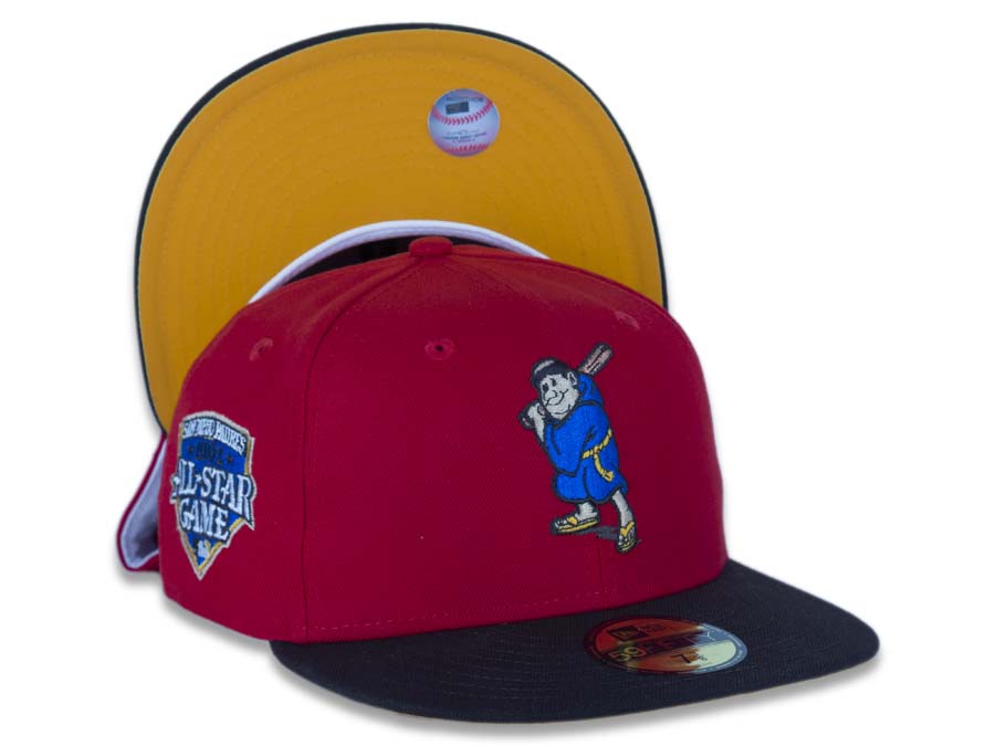 San Diego Padres New Era MLB 59FIFTY 5950 Fitted Cap Hat Red Crown Dark Brown Visor Blue/Brown/Yellow Batting Friar Logo 1992 All-Star Game Side Patch Yellow UV