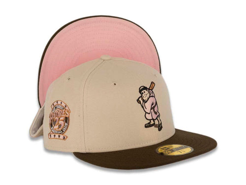 San Diego Padres New Era MLB 59FIFTY 5950 Fitted Cap Hat Stone Crown Brown Visor Pink/Brown Battling Friar Logo 25th Anniversary Side Patch Pink UV