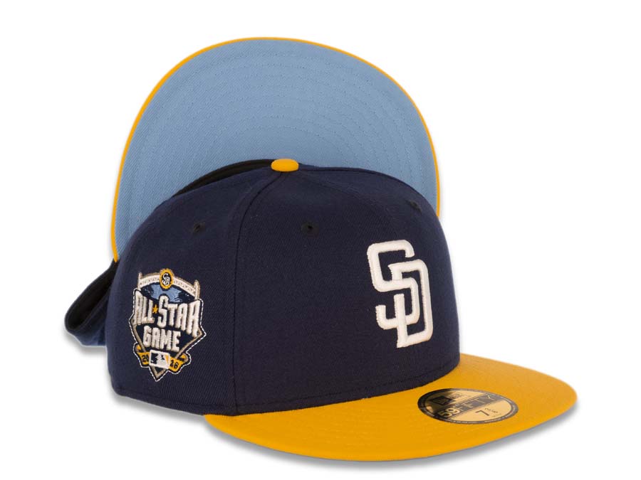 San Diego Padres New Era MLB 59FIFTY 5950 Fitted Cap Hat Navy Crown Yellow Visor White Logo 2016 All-Star Game Side Patch Sky Blue UV