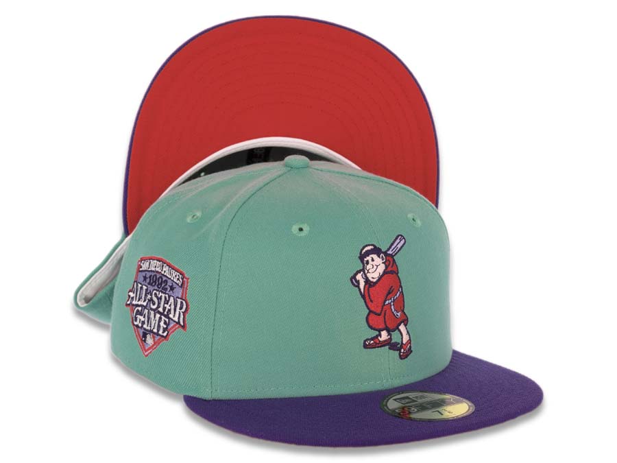 San Diego Padres New Era MLB 59FIFTY 5950 Fitted Cap Hat Clear Mint Green Crown Dark Purple Visor Lava Red/Purple Batting Friar Logo 1992 All-Star Game Side Patch Lava Red UV