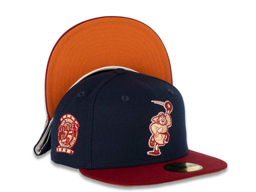 San Diego Padres New Era MLB 59FIFTY 5950 Fitted Cap Hat Navy Blue Crown Cardinal Visor Orange Logo 25th Anniversary Side Patch