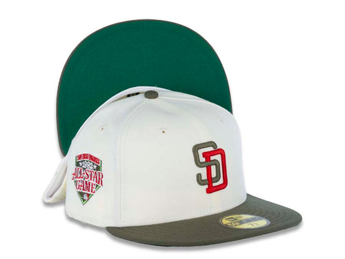 San Diego Padres New Era MLB 59FIFTY 5950 Fitted Cap Hat Chrome White Crown Olive Visor Olive/Red Logo 1992 All-Star Game Side Patch Green UV 