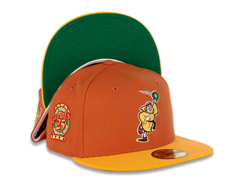 San Diego Padres New Era MLB 59FIFTY 5950 Fitted Cap Hat Orange Crown Yellow Visor Yellow/Green Catching Friar Logo 25th Anniversary Side Patch Green UV
