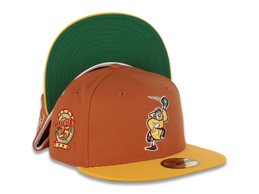San Diego Padres New Era MLB 59FIFTY 5950 Fitted Cap Hat Orange Crown Yellow Visor Yellow/Green Catching Friar Logo 25th Anniversary Side Patch Green UV