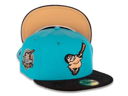 San Diego Padres New Era MLB 59FIFTY 5950 Fitted Cap Hat Blue Crown Black Corduroy Visor Peach/Metallic Copper Swinging Friar Logo 40th Anniversary Side Patch Peach UV