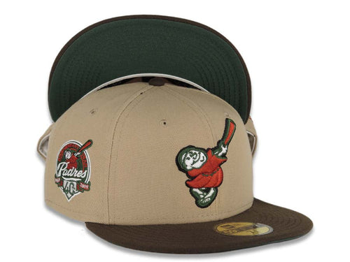 San Diego Padres New Era MLB 59FIFTY 5950 Fitted Cap Hat Khaki Crown Brown Visor Red/Green Swinging Friar Logo 40th Anniversary Side Patch Green UV