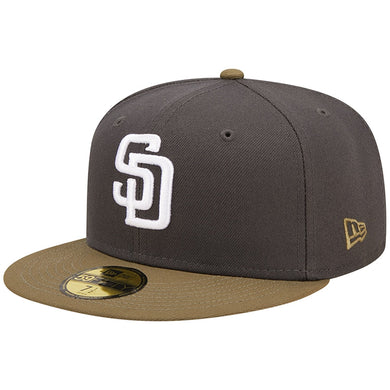 San Diego Padres New Era MLB 59FIFTY 5950 Fitted Cap Hat Dark Gray Crown Olive Green Visor White Logo Gray UV (Color Pack)