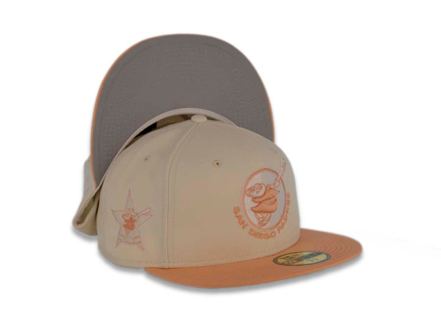 San Diego Padres New Era MLB 59FIFTY 5950 Fitted Cap Hat Chrome White Crown Peach Visor Peach/White Swinging Friar Logo 1978 All-Star Game Side Patch Gray UV