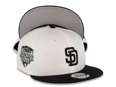 San Diego Padres New Era MLB 9FIFTY 950 Snapback Cap Hat White Crown Black Visor Black Logo 1992 All-Star Game Side Patch Gray UV