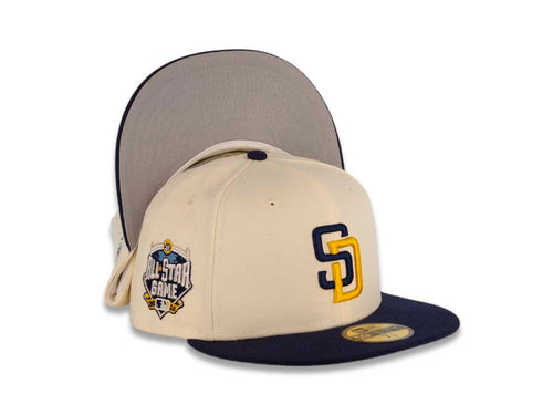 San Diego Padres New Era MLB 59FIFTY 5950 Fitted Cap Hat Chrome White Crown Navy Visor Yellow/Navy Logo 2016 All-Star Game Side Patch Gray UV